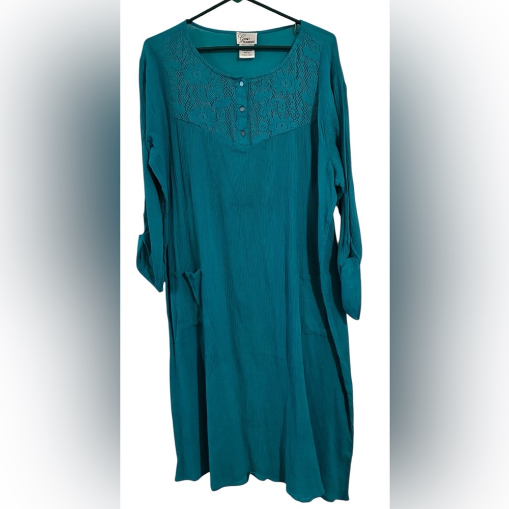 Gunit Dress Sz 4X Women’s Teal Crochet Bodice 100% Cotton Vintage EUC Pockets